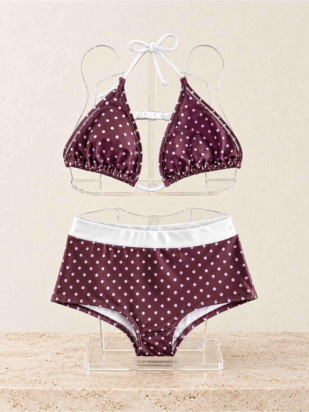 Zaful Plum Polka Dot High-Waist Triangle Bikini with White Trim